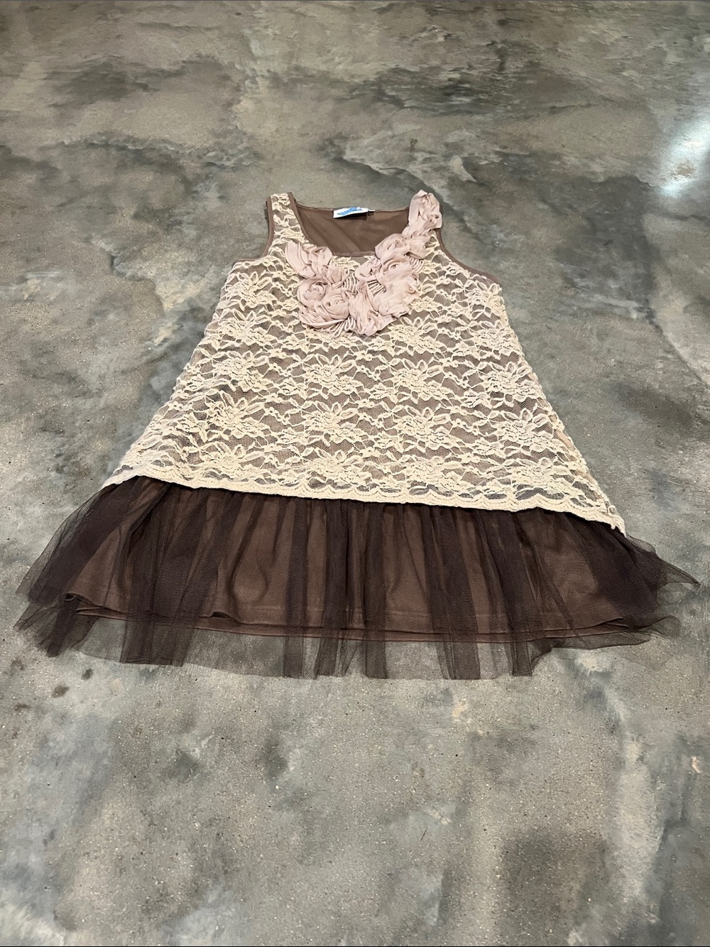 Nicole Marie Women Cream Lace Overlay Dress with Brown Tulle Skirt